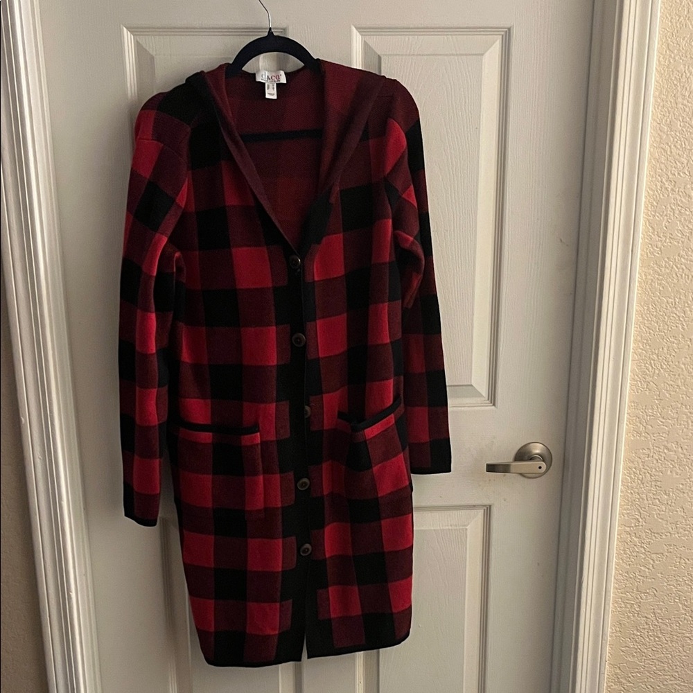 Red and Black Checkered Women's Hooded Coat